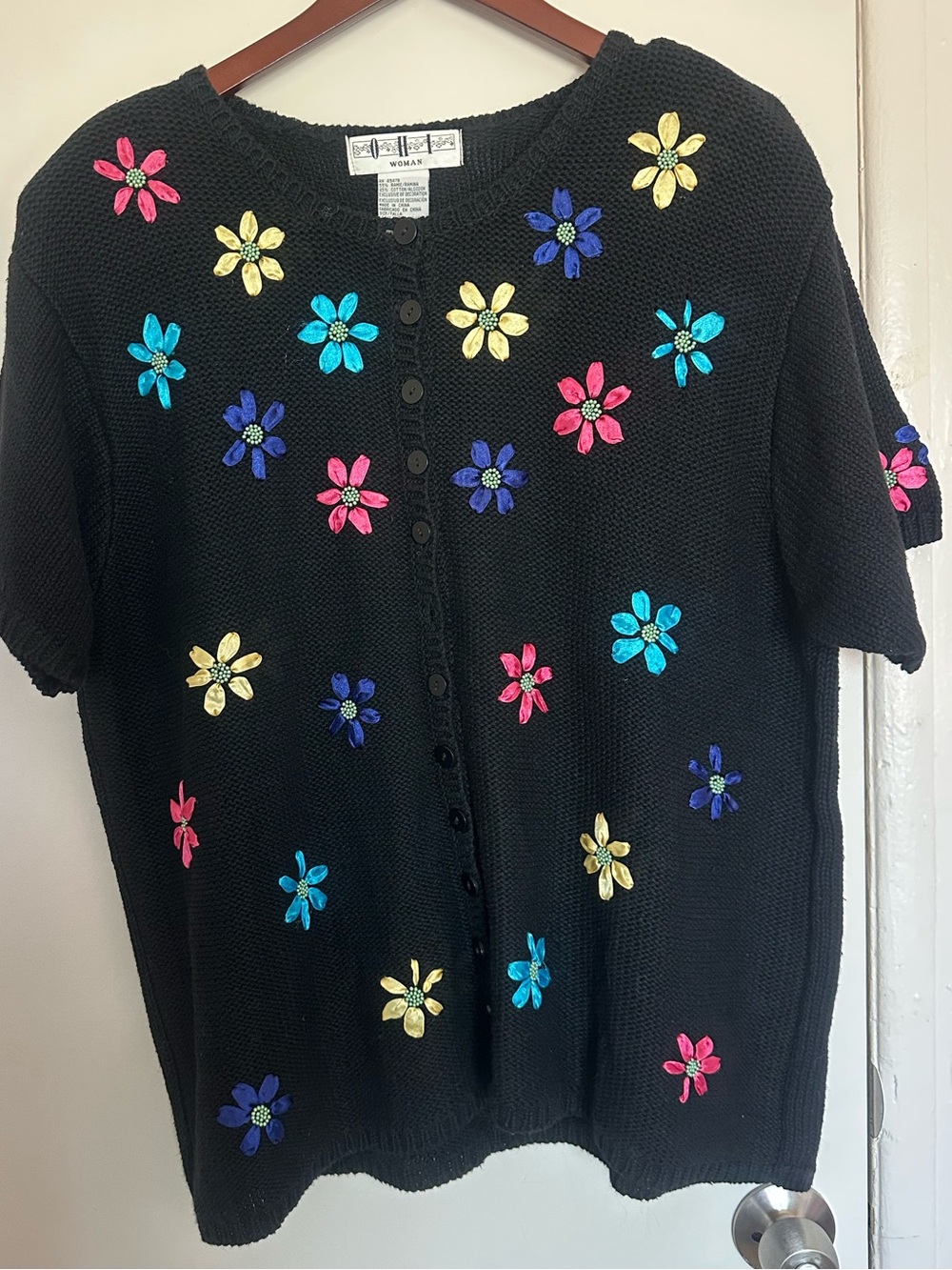 Black Short-Sleeve Knit Sweater with Colorful Floral Appliqués